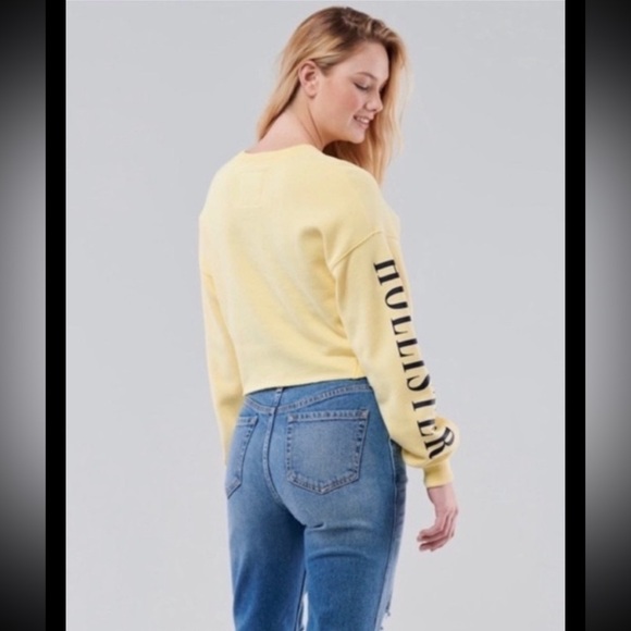 Hollister yellow Croptop Sweatshirt women’s S Spellout on sleeves pullover Boho - Picture 12 of 12